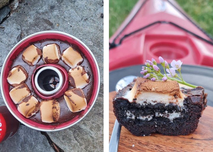 Oreo marshmallow brownies in the Omnia oven, kayak camping recipe