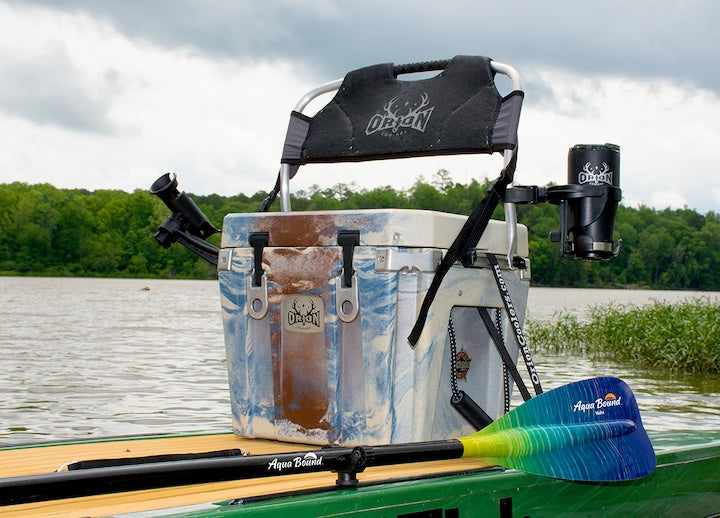 cooler/seat/drink holder on a SUP board, paddle attached