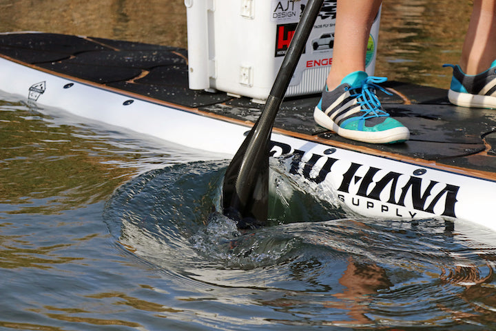 shot of person's legs SUPing with water shoes on