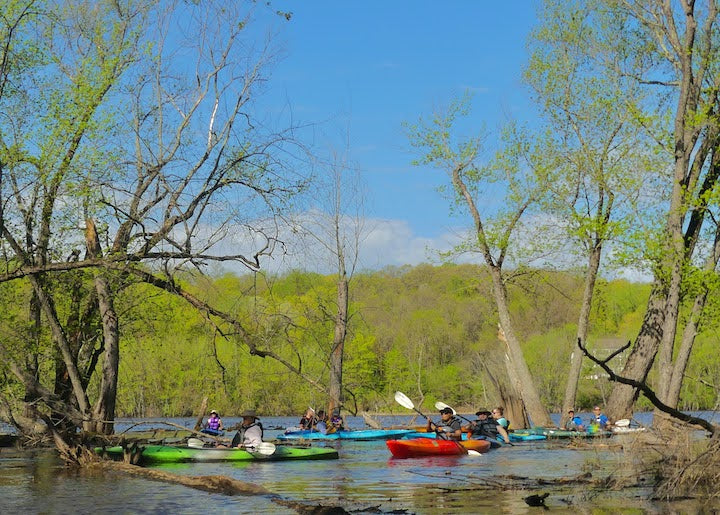 a group of kayakers on the St Croix River in early spring