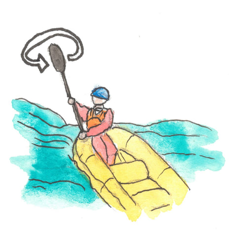 Illustration of a paddler waving their paddle in a circular motion above their head to indicate to pull over into an eddie 