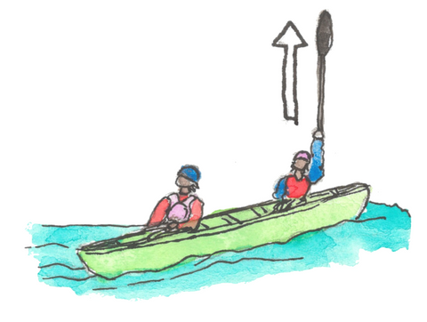 Illustration of two paddlers, one with their paddle sticking vertically up in the air, indicating "go"