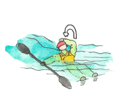 Illustration of a paddler in the water after a spill. Their fist is placed on top of their head to indicate they are OK