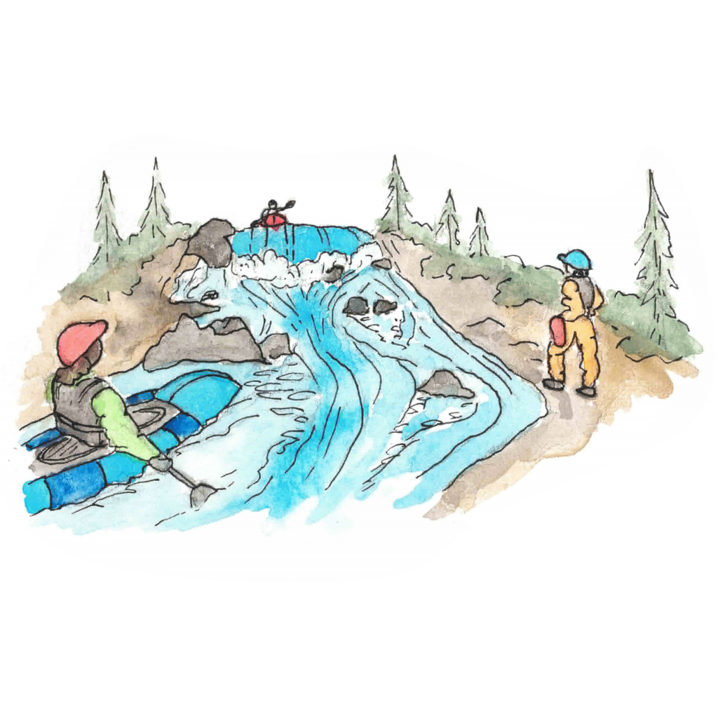 Two individuals packrafting down a river with an observer for safety on the right shore bank. Drawing by Rachel Davies
