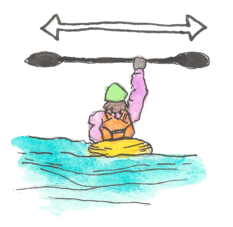 Illustration from behind of a paddler in their kayak raising their paddle above their head horizontally