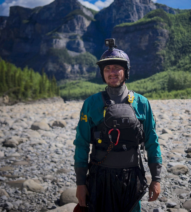 Jeremie Lamart in his dry suit on the riverbank