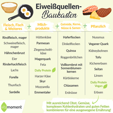 Pflanzliches oder tierisches Protein: Infografik Eiweißquellen-Baukasten