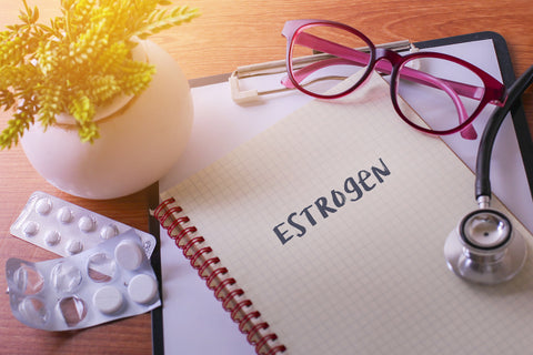 Blatt mit Aufschrift "Estrogen", Medikamente, Brille, ein Stethoskop und eine Pflanze