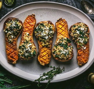 Maille Mustard and Maple-Glazed Butternut Squash Stuffed With Farro and Winter Greens