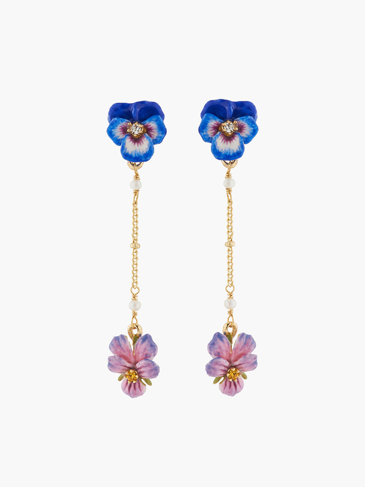 Thousand Pansies and freshwater pearls stud pendant earrings