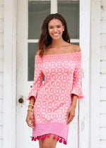 Front image of Cabana Life off the shoulder dress. 3/4 sleeve dress in coral cables print.