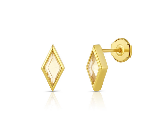 Rhombus shaped yellow sapphire stud earrings set in 18k yellow gold, on white background.