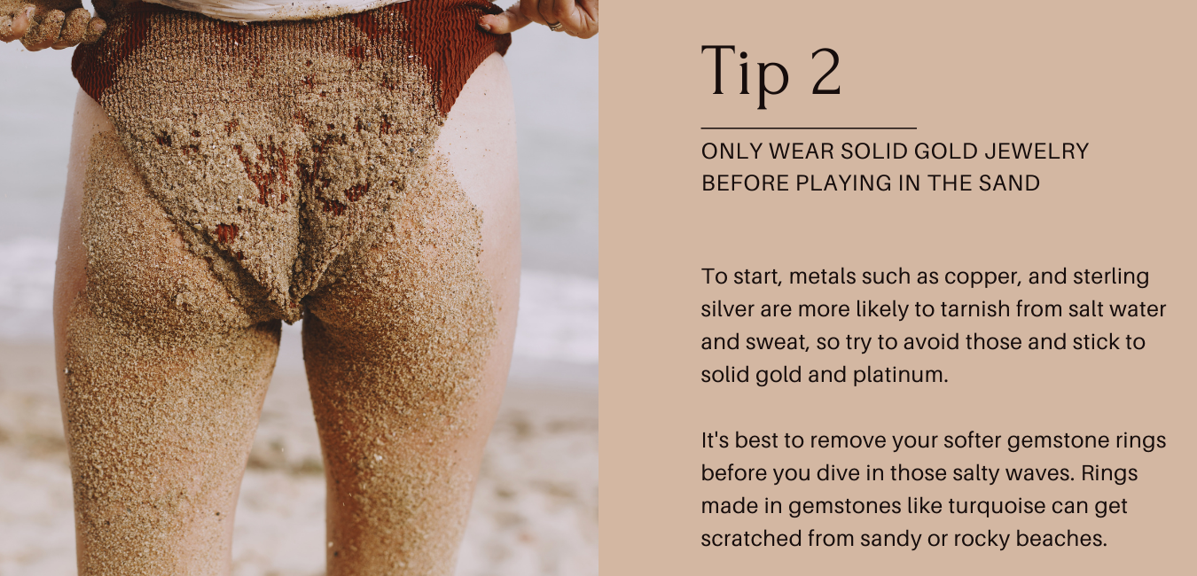 woman at beach with sand on her bottom wearing orange bathing suit