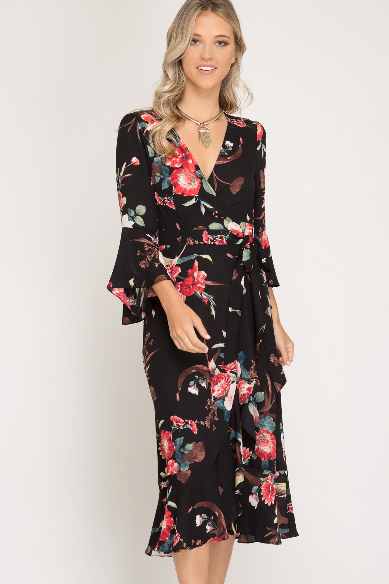 black floral midi wrap dress