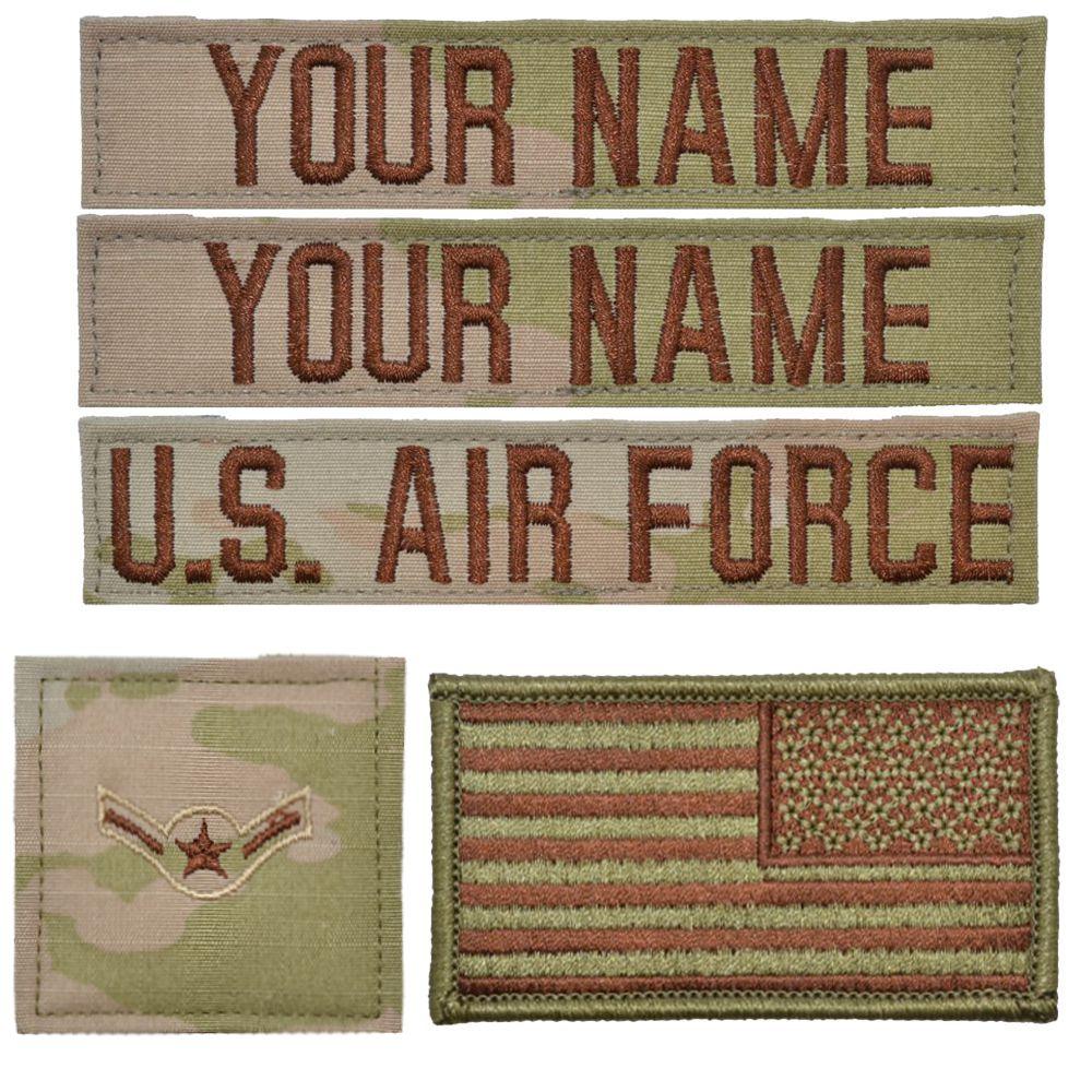 5 Piece Custom Air Force Name Tape & Rank Set USAF OCP Flag w/ Hook Fa