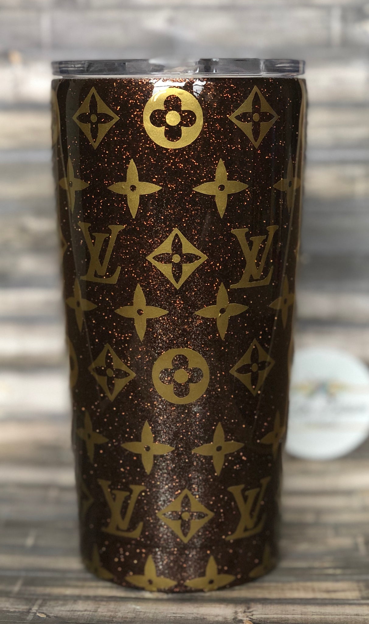 Louis Vuitton inspired glitter tumbler  Glitter tumbler cups, Yeti cup  designs, Custom tumbler cups