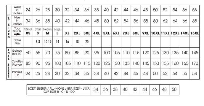 Size Chart Rago Shapewear
