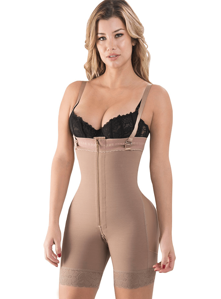 Mid thigh faja with suspender straps and hook closure - Contour Fajas