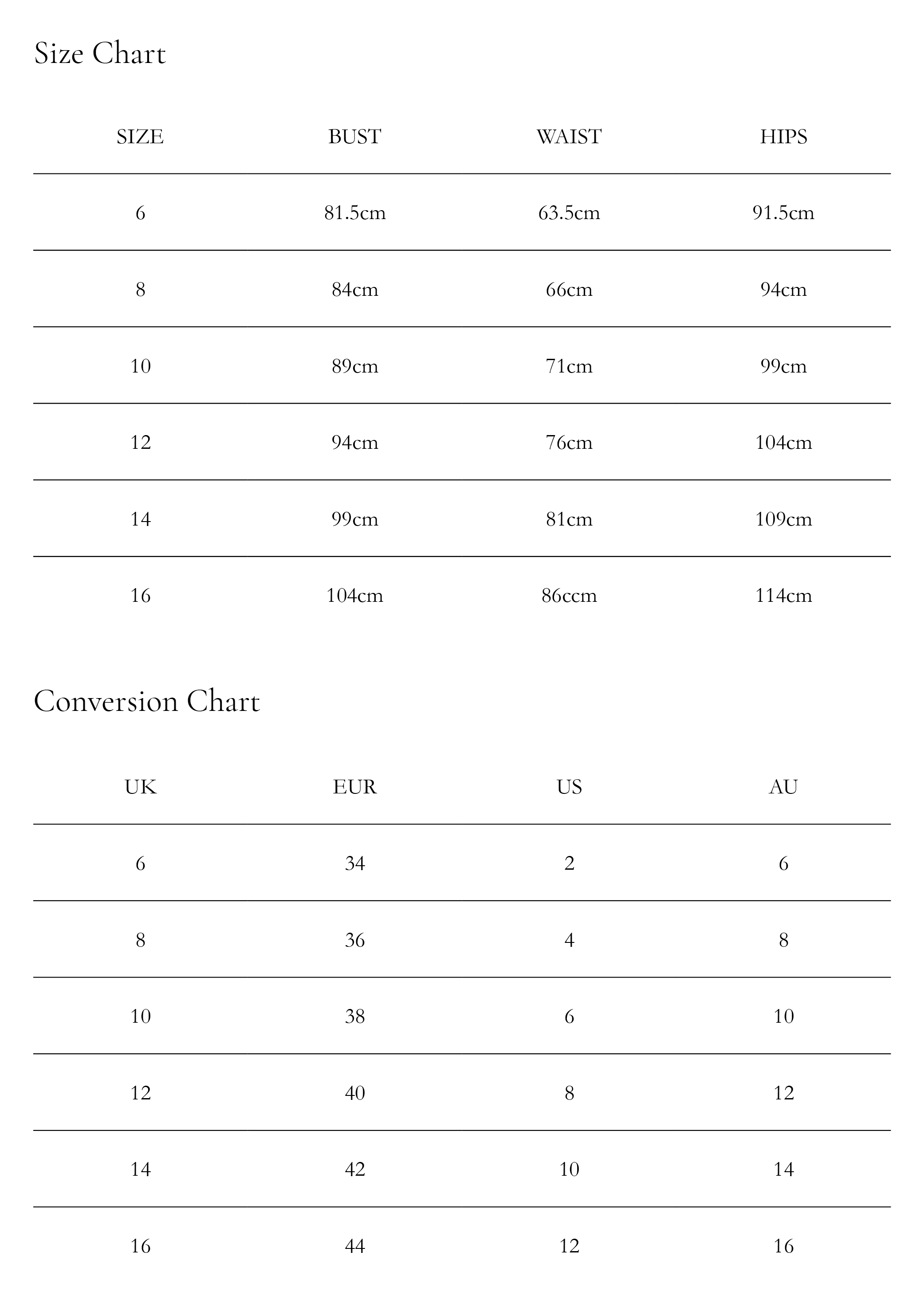 Size Chart – Labellamafia Clothing