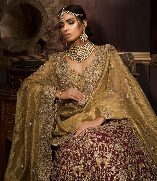 Bridal Lehenga Choli Set Gold And Maroon In Organza Silk INS90 - Siya Fashions 