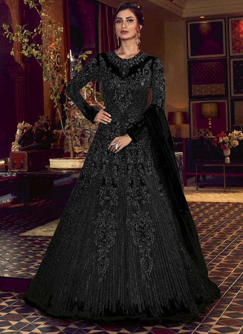 Black Wedding Reception Anarkali Gown Net D526YDS - Siya Fashions