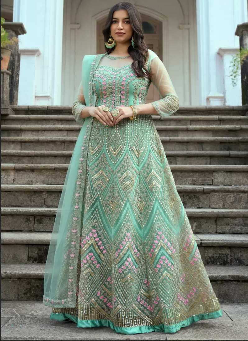 Amazon.com: Wedding Wear Indian Long Anarkali Gown Suits Pakistani Stylish  Bollywood Designer Gown Dresses (Unstitch) : Clothing, Shoes & Jewelry