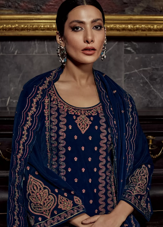 Blue Indian Pakistani Palazzo Suit In Velvet SFZ129765 – Siya Fashions