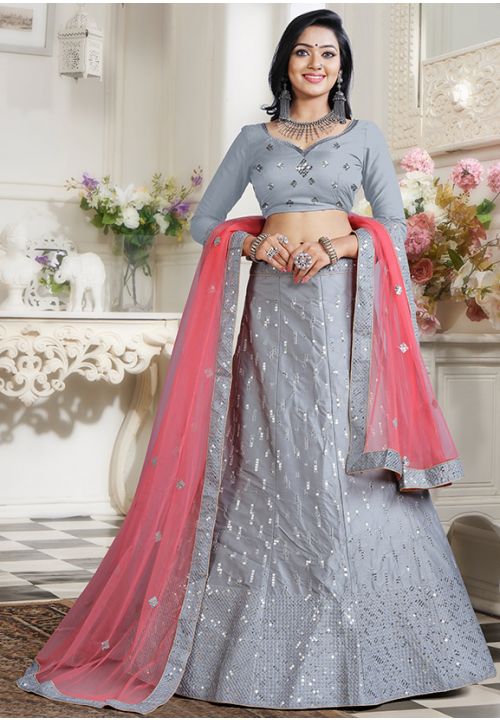 Bridal, Festive, Party Wear, Wedding Black and Grey color Net fabric Lehenga  : 1918045