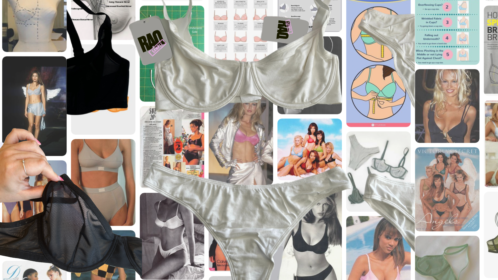 A collage of RAQ bra inspo with some flat-lays of RAQ bra samples on top.