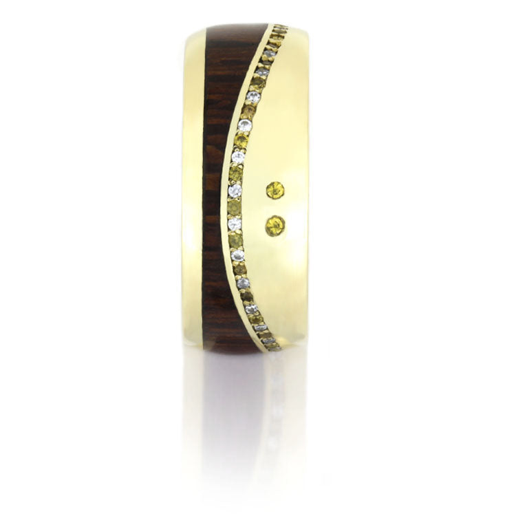 Wood Wedding Band, Yellow Gold Ring with Gemstones