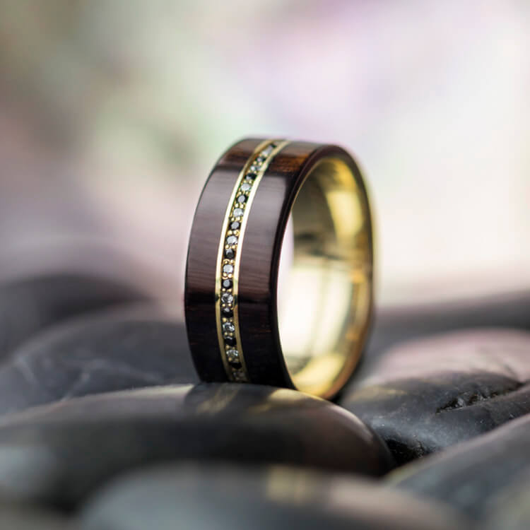 Donovan | Ebony Wood Band With Diamonds, 14k Yellow Gold Eternity Ring - DJ1001YG