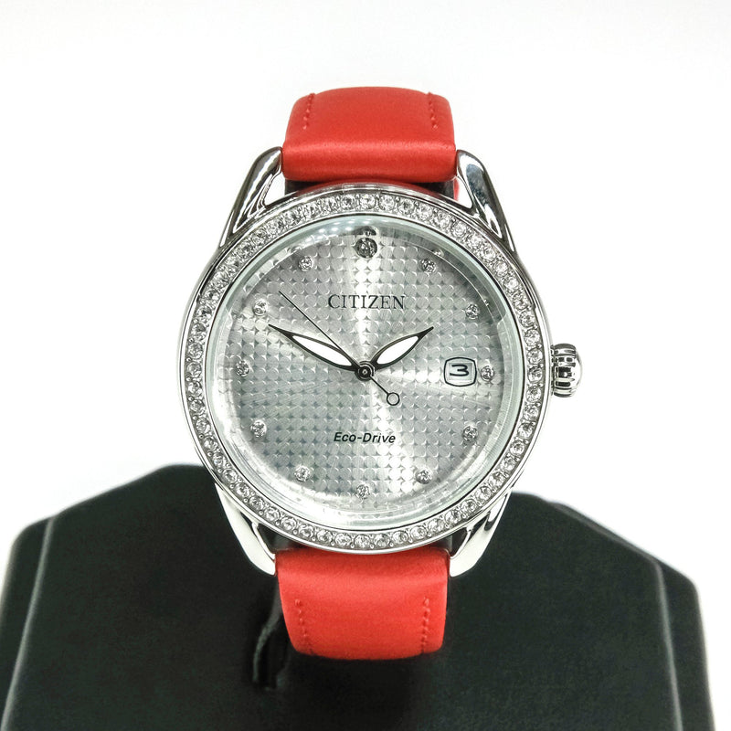 Citizen Eco-Drive LTR Red Leather Crystal Ladies' 37mm Watch FE6110-04A Watches Oaks Jewelry 