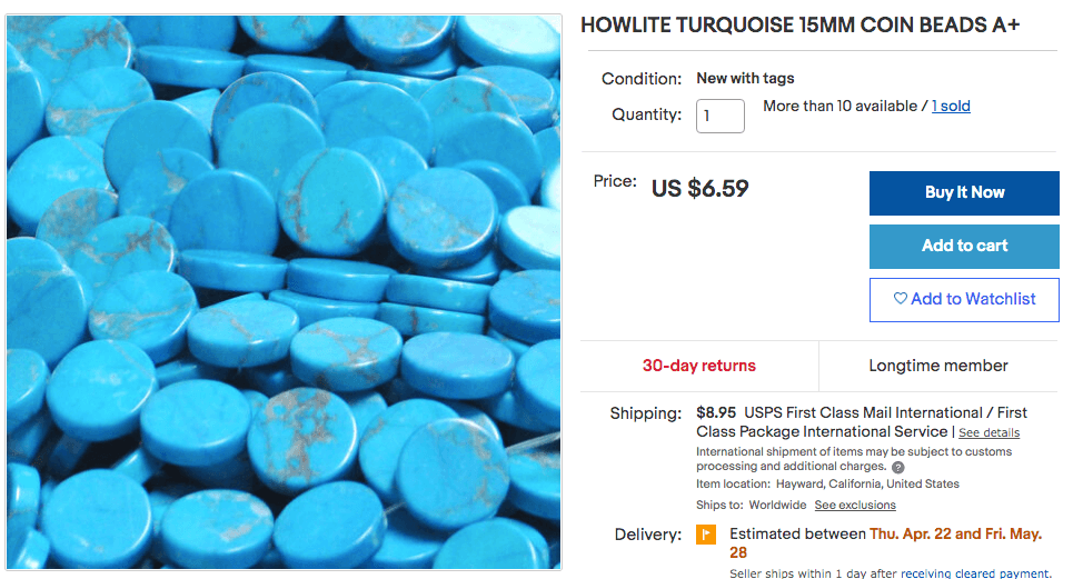 A sample of a fake turquoise listing on eBay marketed as Howlite turquoise
