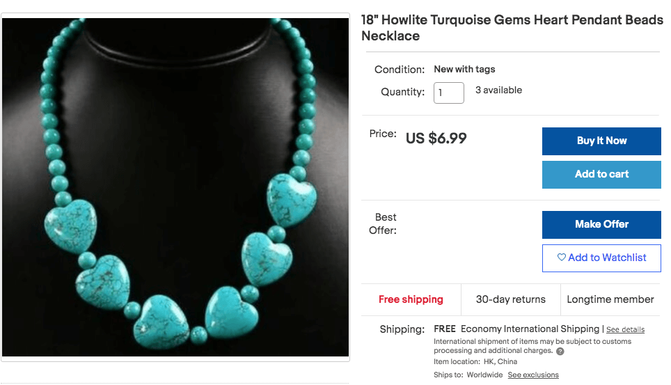 A sample of a fake turquoise jewelry listing on eBay marketed as Howlite turquoise
