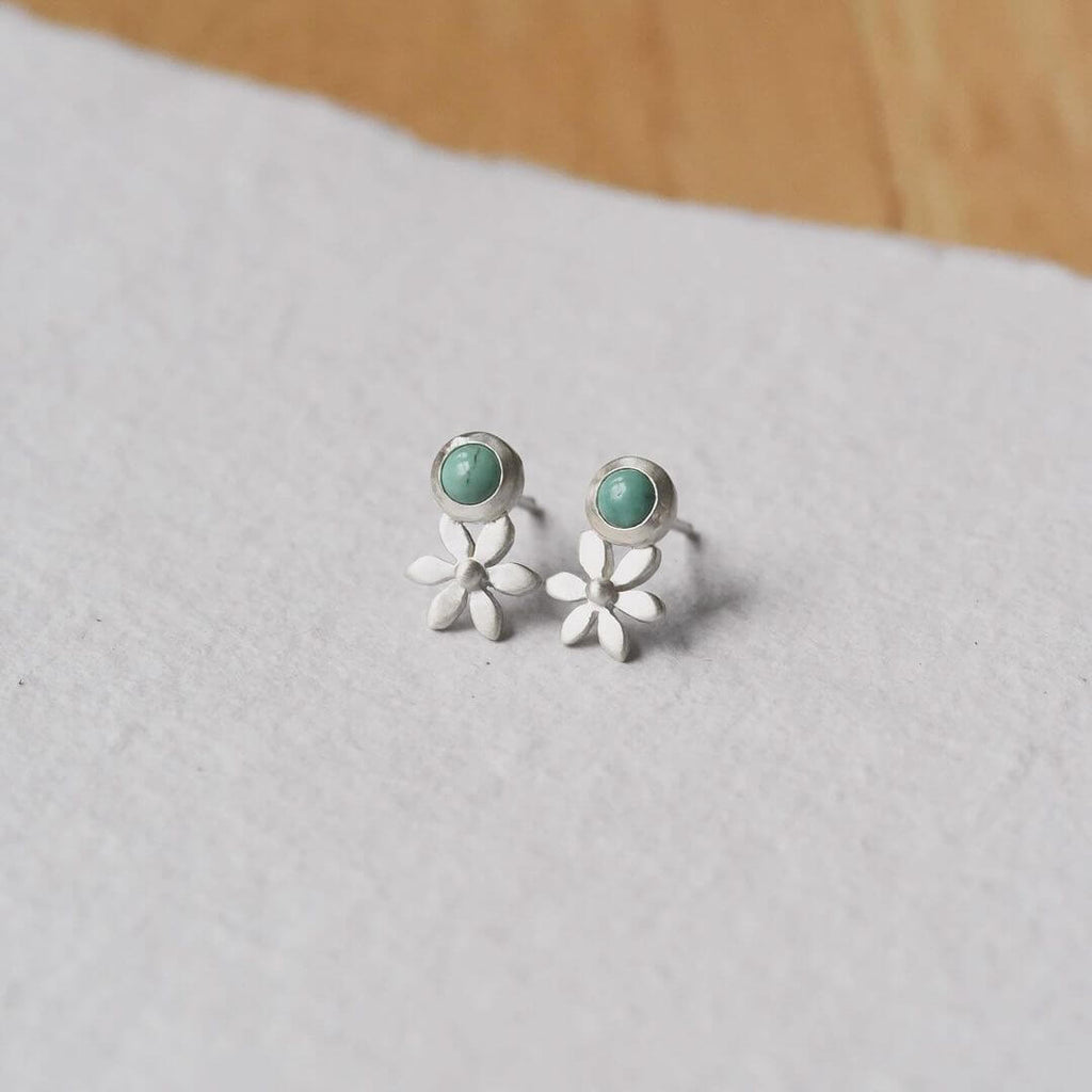floral studs with Green Egyptian turquoise set in a thick bezel by @corkieboltonjewelry