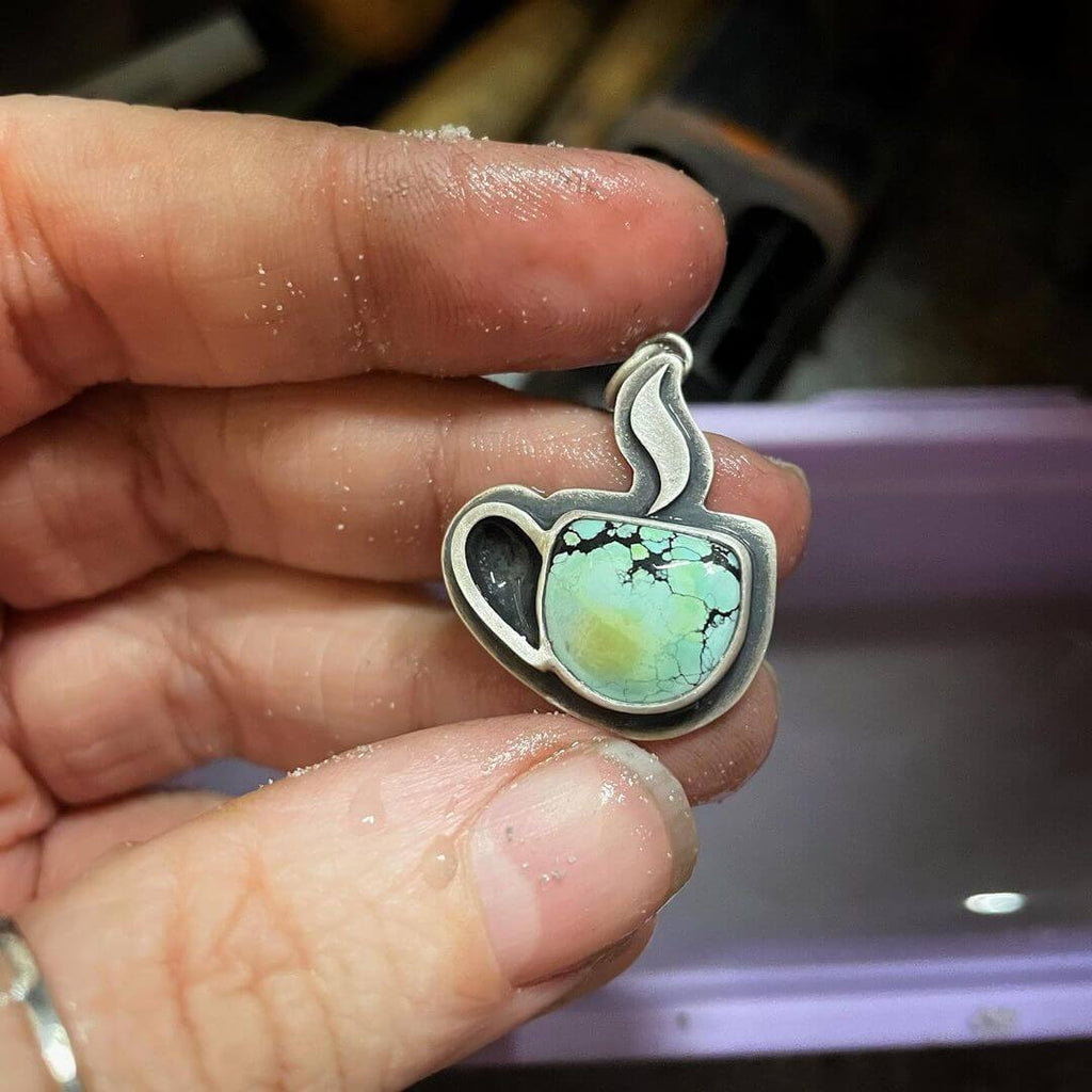 Coffee Mug Pendant Using Half Moon Shaped Turquoise Cab by @kerr.metal