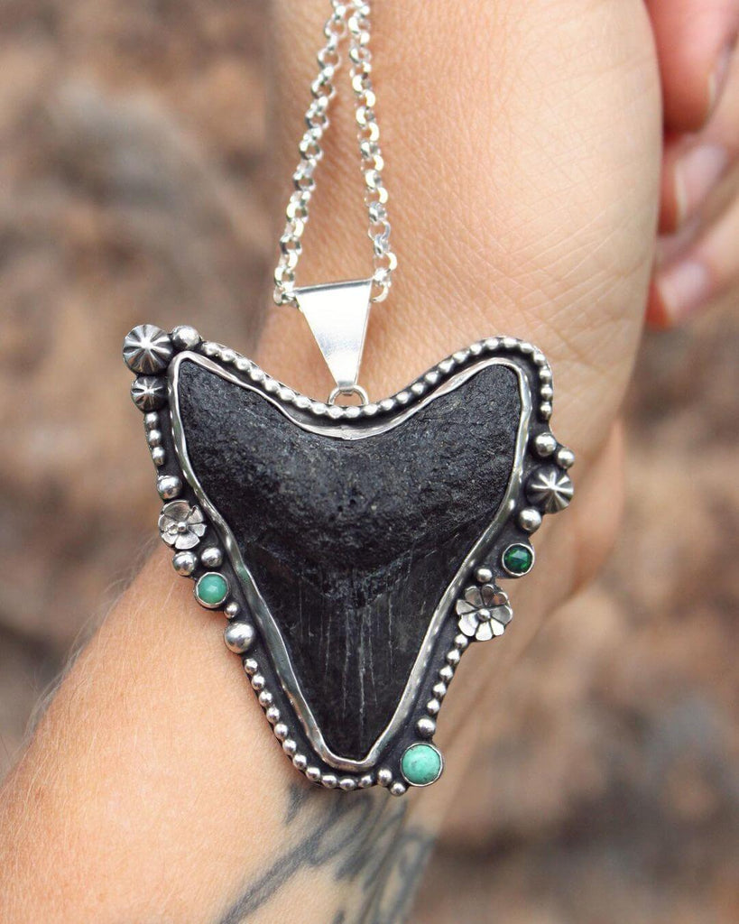 saltwater.and.silver shark tooth with turquoise pendant