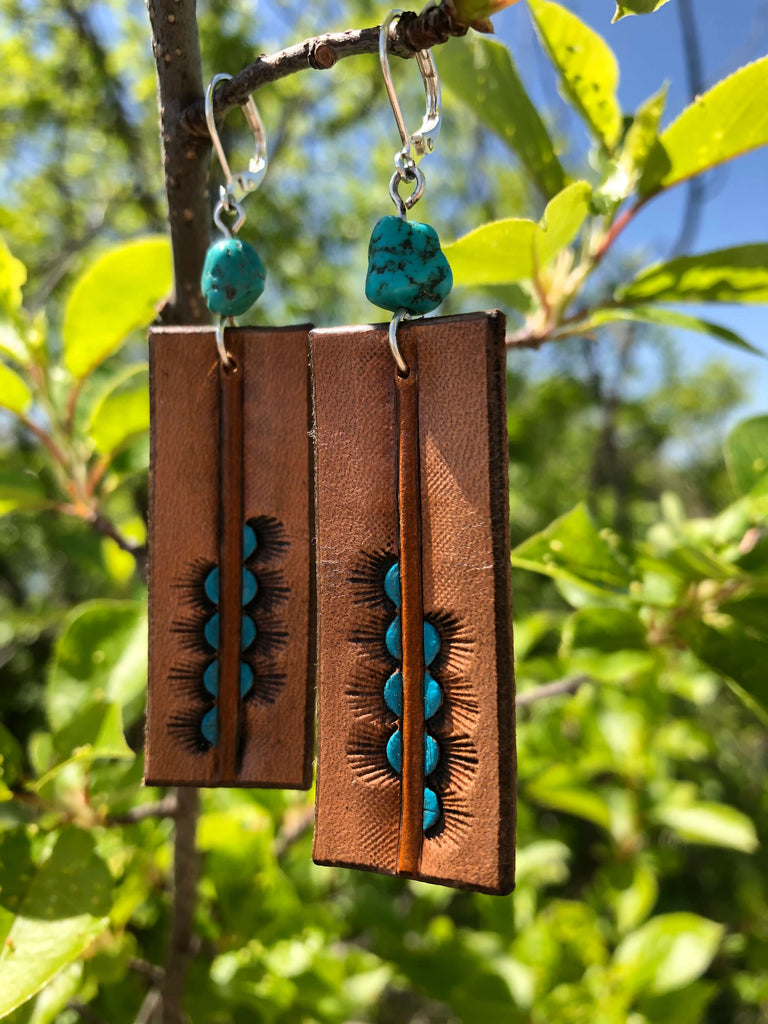 Handmade Leather Turquoise Earrings by Ellen Burford of @windyravenleather on Instagram