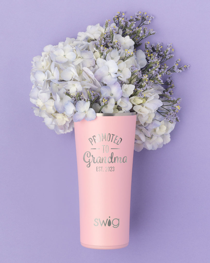 Blush Pink 22oz Tumbler with etching and flowers inside cup