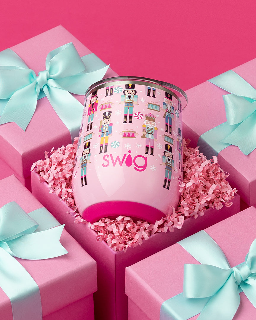 Nutcracker 12oz Stemless Wine Cup in pink gift box with confetti