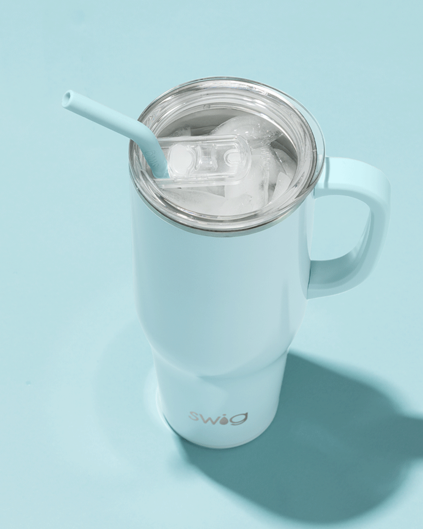 Shimmer Aquamarine 40oz Mega Mug shown with Ice
