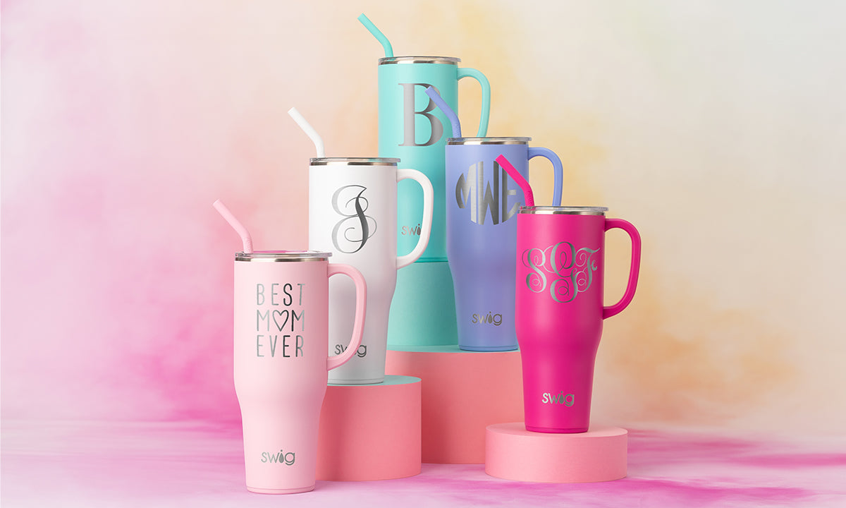 Personalized 40oz Mega Mugs arranged in a pyramid from left to right: Blush, White, Aqua, Hydrangea, Hot Pink