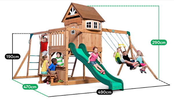 This majestic Backyard Discovery Montpelier cedar wooden play set and play centre is absolutely packed with features.  It boasts a large raised enclosed cubby fort, double swing set with trapeze as well as an 8ft wavy slide, lower play kitchen with picnic bench, monkey bars as well as space at the bottom for a sandpit.  Ideal for all families, this will appeal to a wide range of ages and stages.  The ideal all in one play set for families whose little ones love exploring in the outdoors.