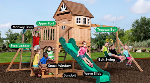 This majestic Backyard Discovery Montpelier cedar wooden play set and play centre is absolutely packed with features.  It boasts a large raised enclosed cubby fort, double swing set with trapeze as well as an 8ft wavy slide, lower play kitchen with picnic bench, monkey bars as well as space at the bottom for a sandpit.  Ideal for all families, this will appeal to a wide range of ages and stages.  The ideal all in one play set for families whose little ones love exploring in the outdoors.