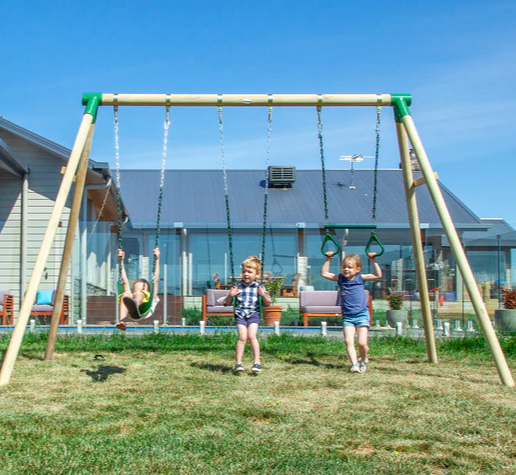 Buy online - Happy Active Kids Australia - Little acrobats can defy gravity on the Wesley Swing Set. Up to three kids can play on the wooden Wesley swing set, with two swings and a trapeze. Learn to fly on the belt swings, getting higher every time. Improve upper body strength and coordination on the trapeze bar.