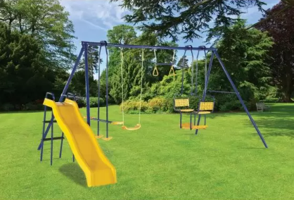 Buy online - Happy Active Kids - Aus wide delivery - The Plum® 5 unit Metal Swing Set with Slide play centre will entertain children and their friends for hours on end.  An ideal addition to every Aussie backyard.  Swing for the stars on this varied and engaging outdoor play set and swing set combination!