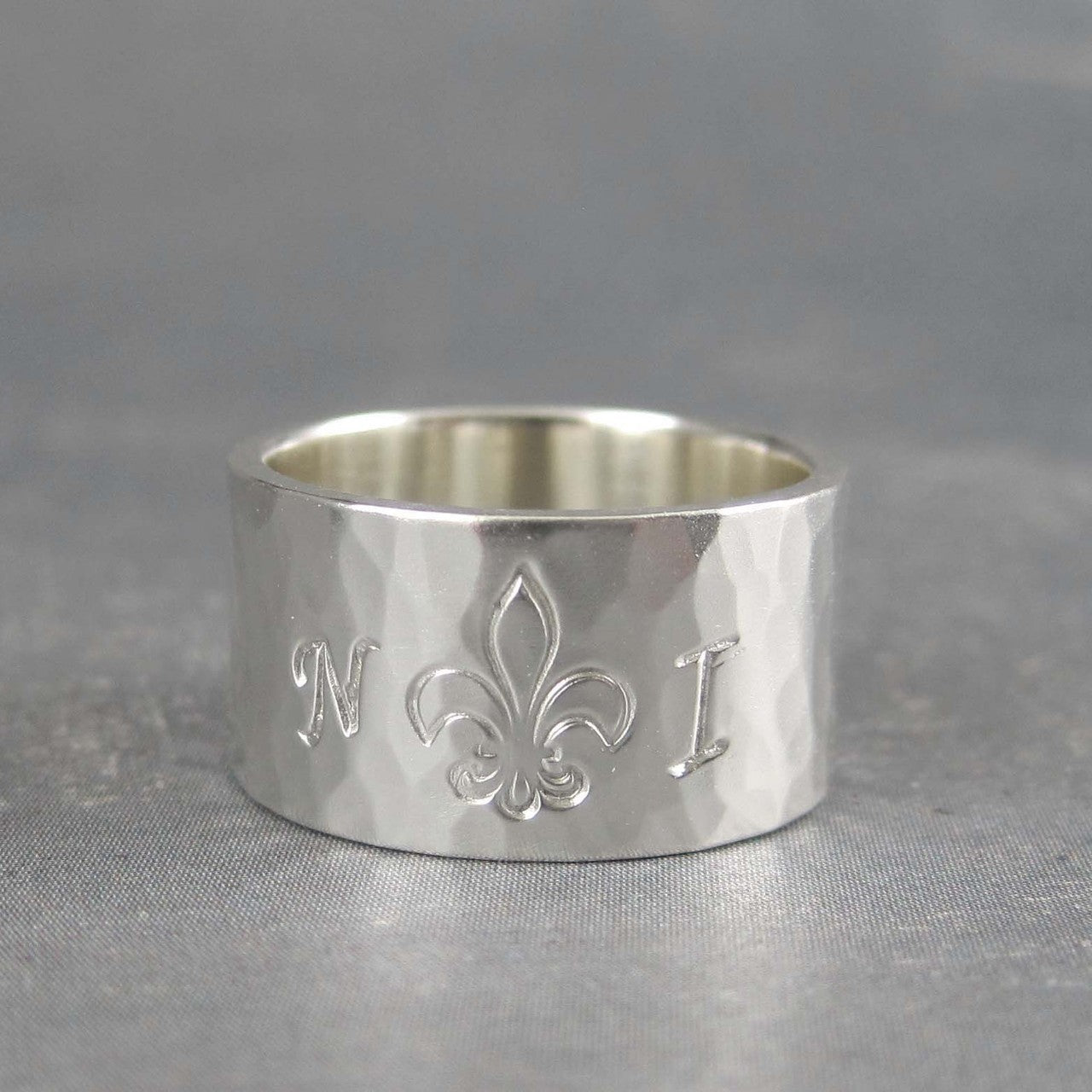 Custom initial ring with fleur-de-lis handmade in sterling silver