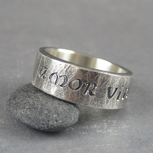 Amor Vincit Omnia ring, rustic silver ring with inscription