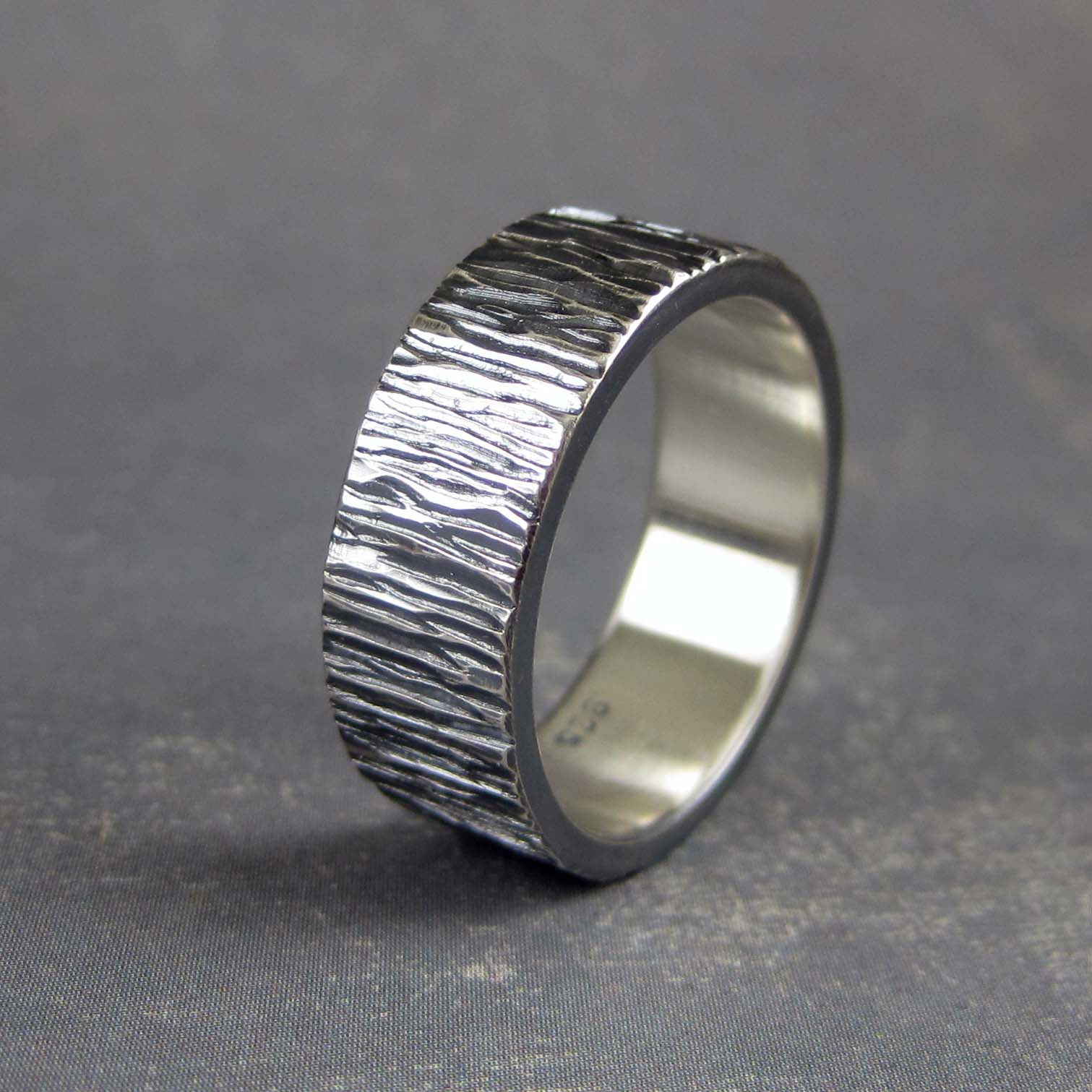 Black silver tree bark wedding band