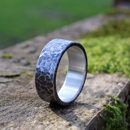 Rustic hammered dark silver ring